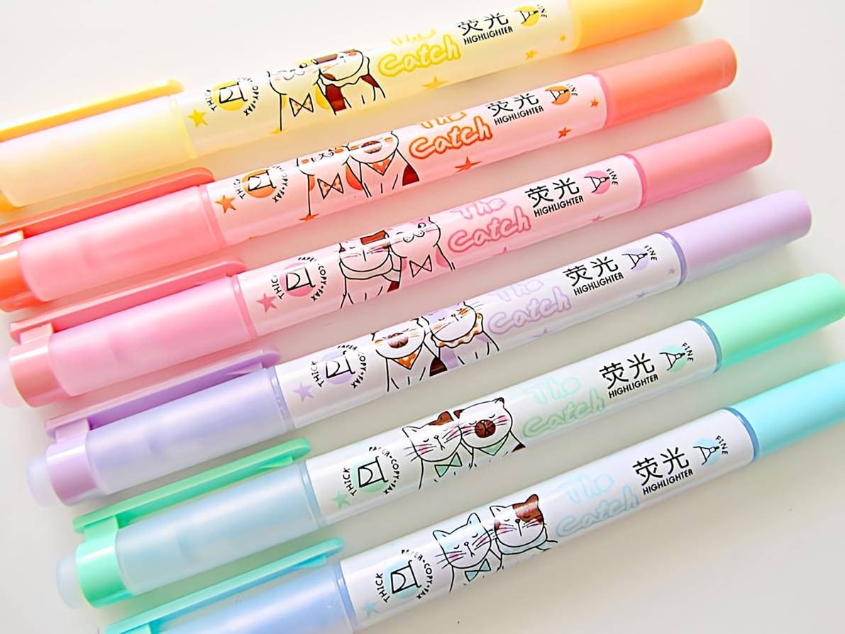Double Sided Scented Kawaii Highlighters| Marker Pens | Set of 6 Cat Highlighters | Drawing| Journaling | Highlighting| Cute Crafts Japanese
