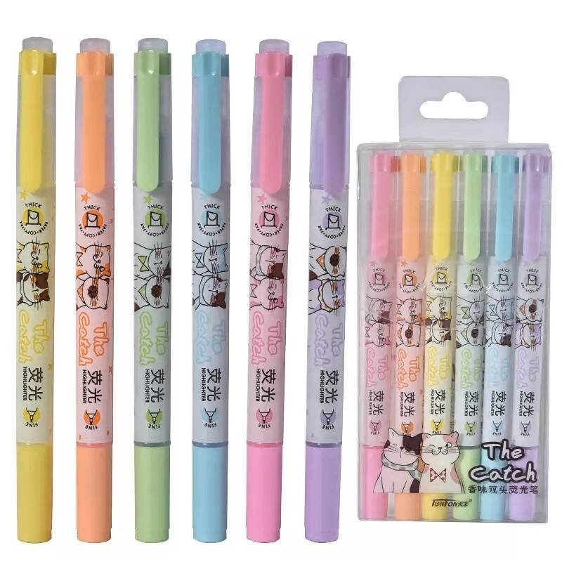 Double Sided Scented Kawaii Highlighters| Marker Pens | Set of 6 Cat Highlighters | Drawing| Journaling | Highlighting| Cute Crafts Japanese