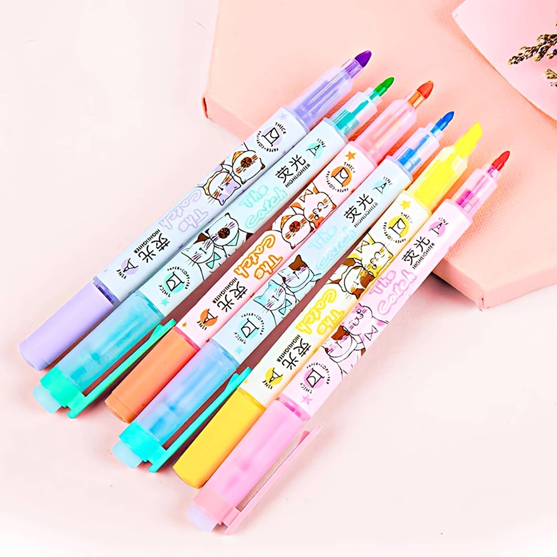 Double Sided Scented Kawaii Highlighters| Marker Pens | Set of 6 Cat Highlighters | Drawing| Journaling | Highlighting| Cute Crafts Japanese
