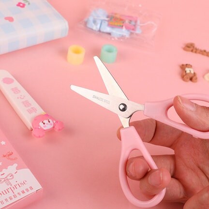 Cute cartoon scissors with protective cover and a surprise gift, Kawaii stationery kitsch, paper cutting, washi tape cutter, scrapbooking
