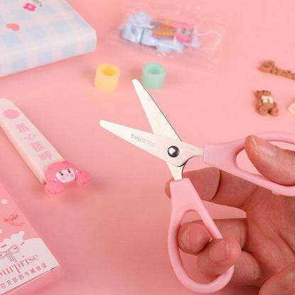 Cute cartoon scissors with protective cover and a surprise gift, Kawaii stationery kitsch, paper cutting, washi tape cutter, scrapbooking