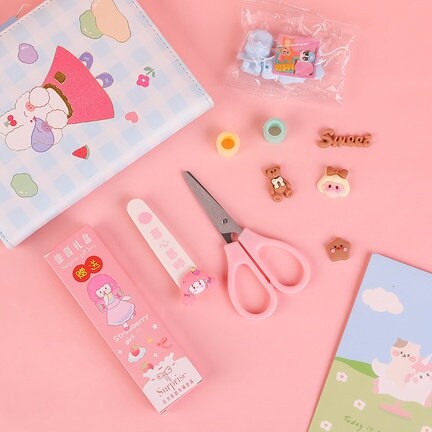 Cute cartoon scissors with protective cover and a surprise gift, Kawaii stationery kitsch, paper cutting, washi tape cutter, scrapbooking