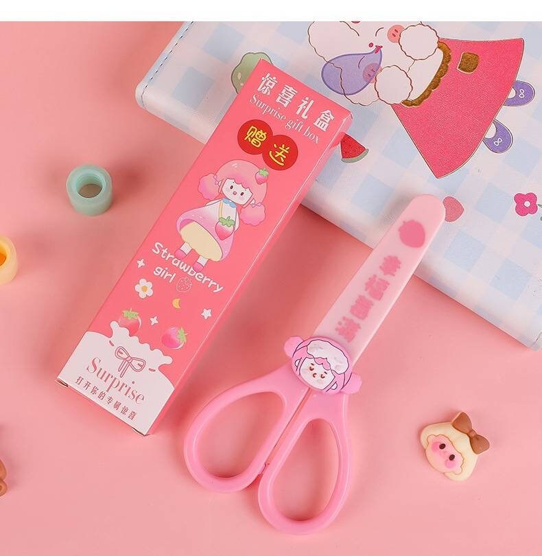 Cute cartoon scissors with protective cover and a surprise gift, Kawaii stationery kitsch, paper cutting, washi tape cutter, scrapbooking