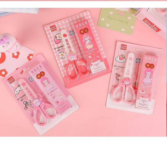 Cute cartoon scissors with protective cover and a surprise gift, Kawaii stationery kitsch, paper cutting, washi tape cutter, scrapbooking