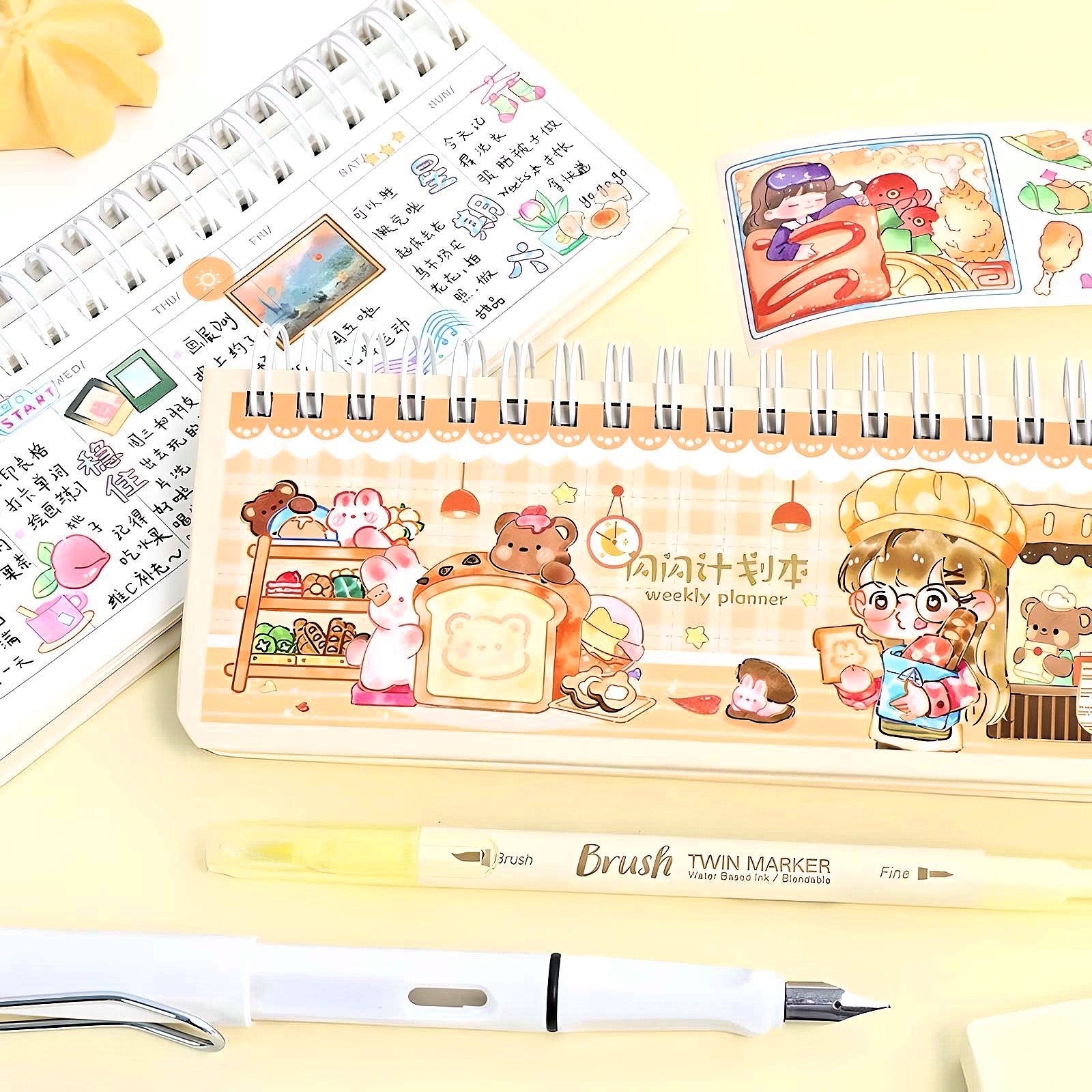 Japanese Stationery Planner for Kids, Cute Weekly Planner, Gifts for Kids, Cute Notebooks, Kawaii Diary, Cute Journal Supplies, Yellow Book