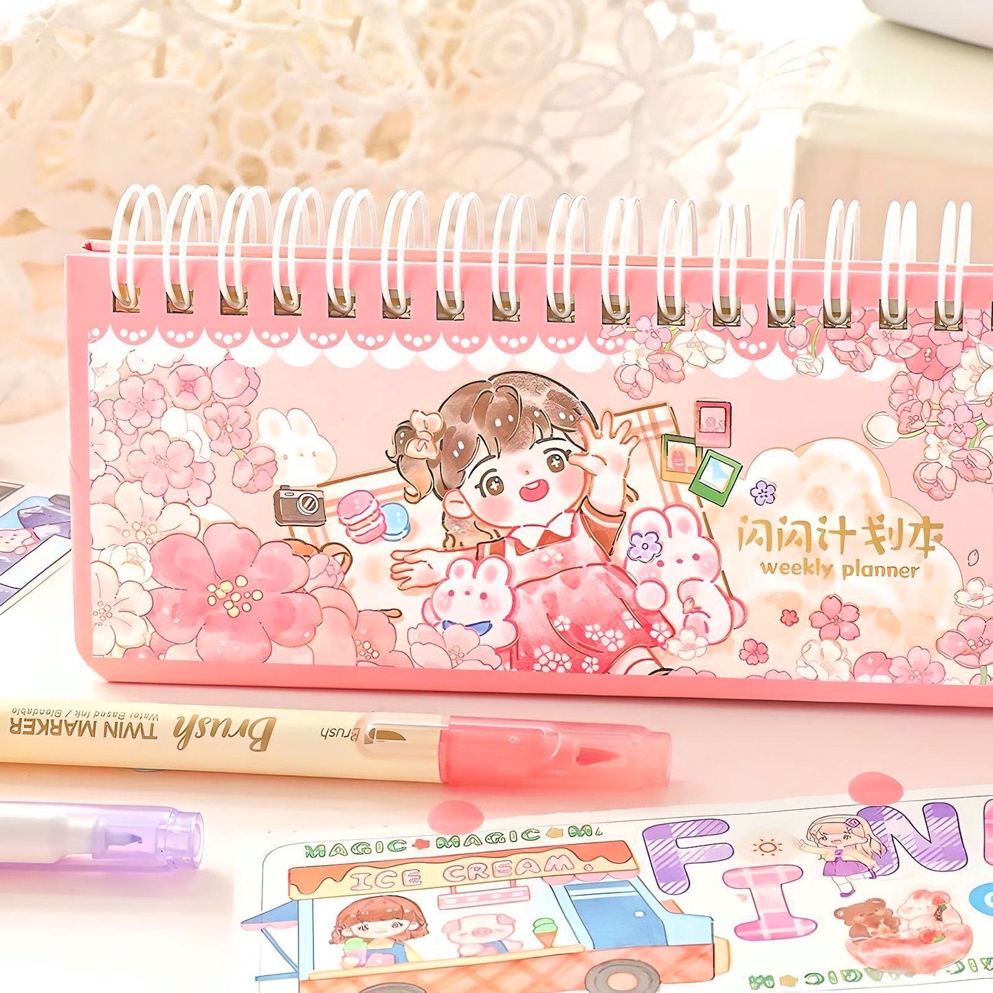 Pink Stationery Planner for Kids, Cute Weekly Planner, Gifts for Kids, Cute Notebooks, Kawaii Diary, Cute Journal Supplies, Kawaii Notebooks